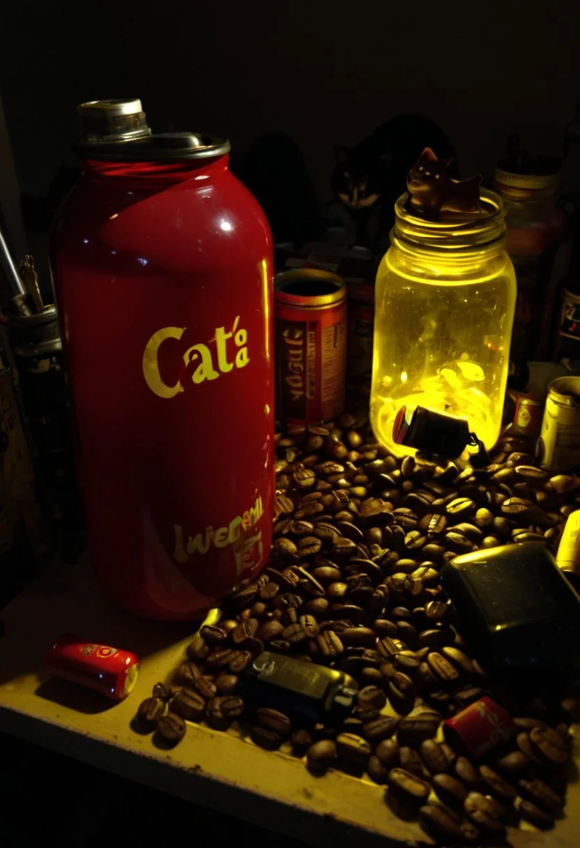 clutter, trash, glass bottle, red goo, cans, jars, yellow goo, backlit, back lit, batteries, computer parts, electronics, 18650, table, light bulbs, messy, tools, close-up, randomness, cat, cat ears, coffee beans, front view, indoor, low key, dark