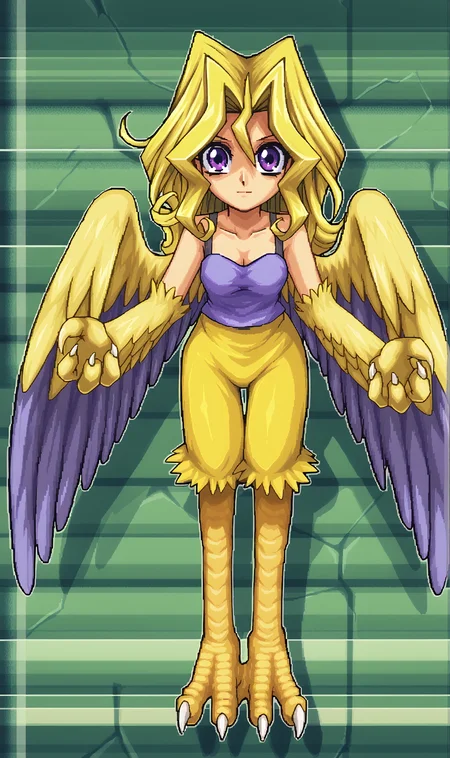 MV, 1girl, solo, blonde hair, long hair, purple eyes, pixel art, harpy wings, full body, <lora:Mai Valentine Pony XL:0.8>