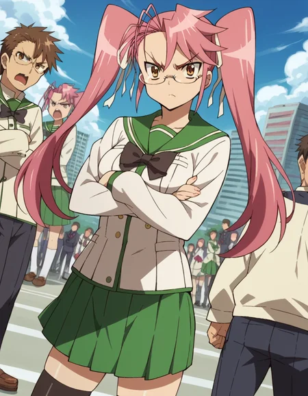 score_9, score_8_up, score_7_up, source_anime,
sayatakagi, <lora:saya-takagi-ponyxl-lora-nochekaiser:1>,
saya takagi, long hair, ribbon, twintails, brown eyes, hair ribbon, pink hair, glasses, angry, shouting,
skirt, thighhighs, school uniform, serafuku, zettai ryouiki, green skirt, bowtie, long sleeves, black thighhighs, black bowtie,
outdoors, cityscape, zombies, crowd, people, crossed arms,
looking at viewer, cowboy shot, dutch angle,
