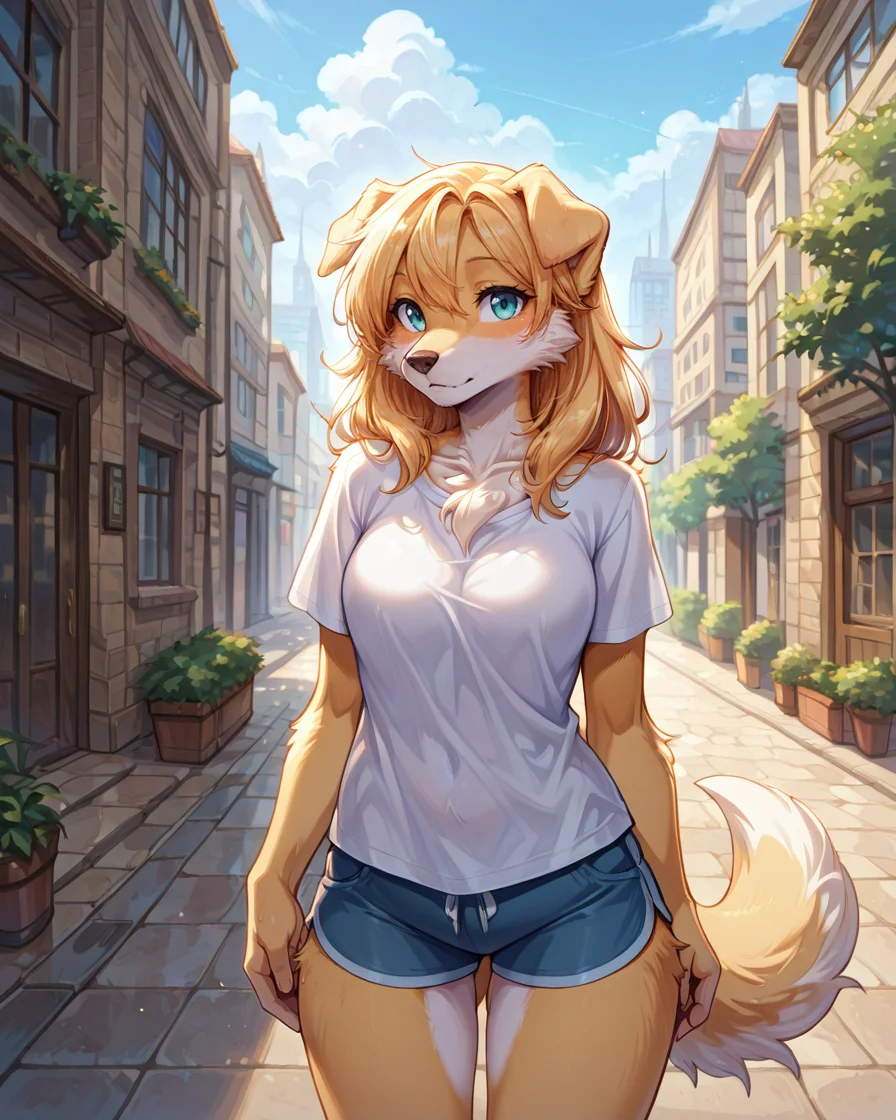 masterpiece, best quality, 1girl, solo, outdoors, shorts, tshirt, standing, body fur, furry, fur, <lora:IndigoToonMix_Style_IL:1> itmstyle, golden retriever anthro, blonde, city