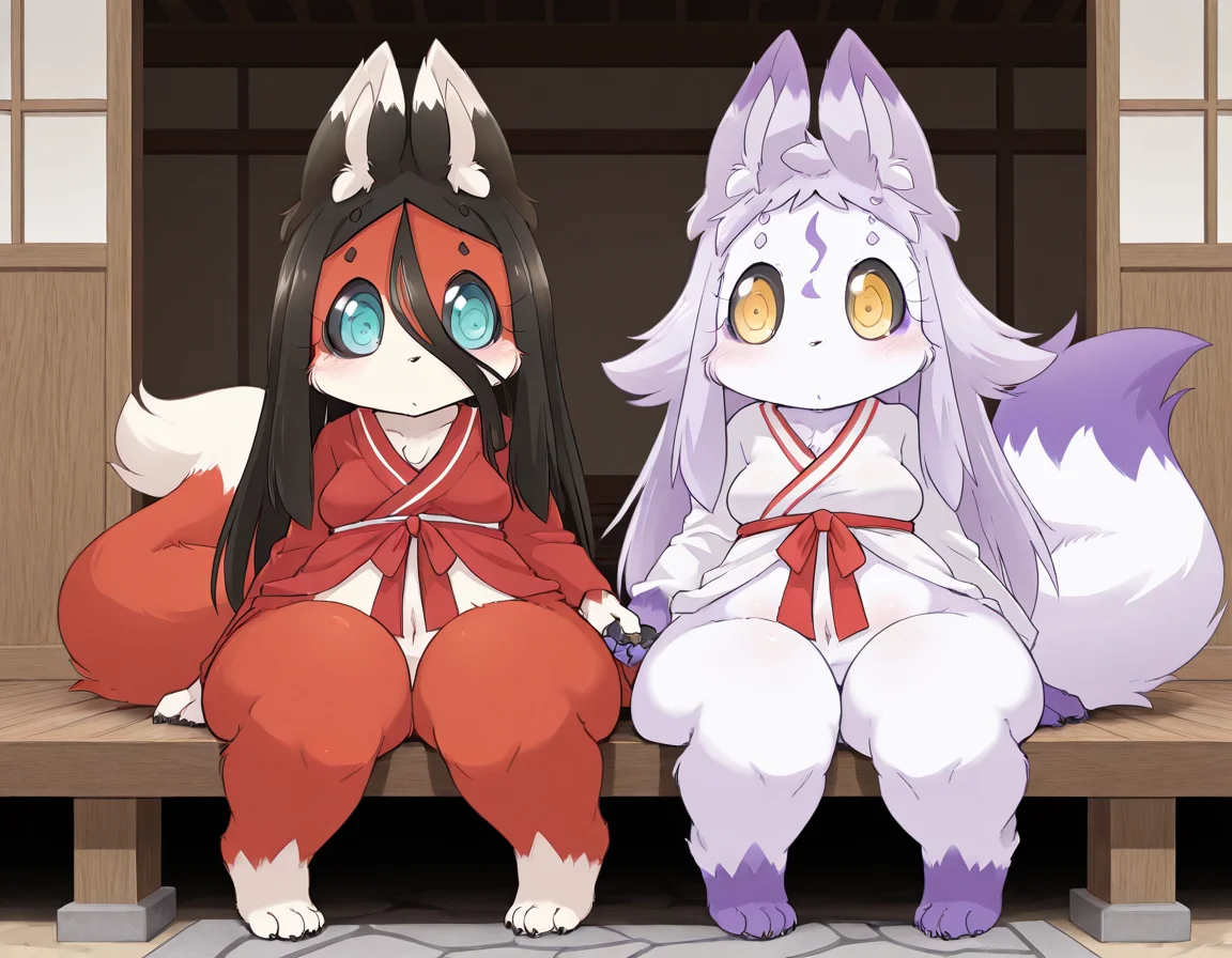 masterpiece, amazing quality, high resolution, Koware, furry female, black sclera, turquoise eyes, fang, Long hair, black hair, hair between eyes, straight hair, red fur, cream fur, multicolored fur, blue mouth, fox ears, fox tail, animal paws, fur highlights, wide hips, thick thighs, belly, Kitsune, Kemono, Fox, medium breasts, fox feet, Kuzure,black sclera, yellow eyes, forehead symbol, fang, Long hair, Messy hair, white fur, purple fur, multicolored fur, blue mouth, fox ears, fox tail, animal paws, fur highlights, wide hips, thick thighs, belly, Kitsune, Kemono, Fox, 2 girls, side by side, Japanese shrine, Shrine maiden outfit, Sitting, holding hands, closed mouth