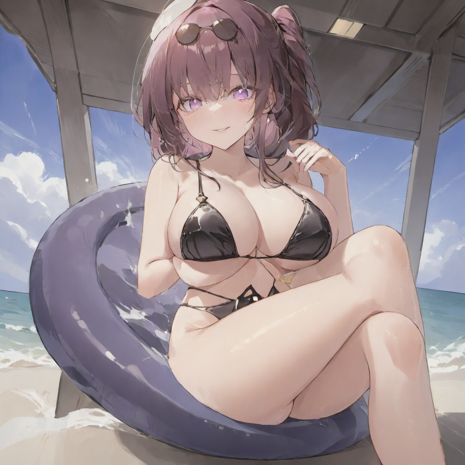 (kafkaxl), swimsuit, black bikini,micro bikini,  cleavage,grin, <lora:KafkaXLtest-000005:1> ,purple eyes, purple hair, 1girl, solo,crossed legs,, (masterpiece,best quality,ultra_detailed,highres,absurdres:1.2), <lora:add-detail-xl:1.5> ,<lora:neg4all_bdsqlsz_xl_V7:1>