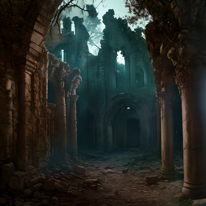(masterpiece:1.2), (best quality,:1.2), 8k, HDR, ultra detailed, ((photorealistic)), professional light, cinematic lighting, fashion photography, ambient lighting,<lora:detail_slider_v4:3>, sinister ruins in a dark forest, FanRu <lora:FantasyRuins-10:0.7>, epiCPhoto