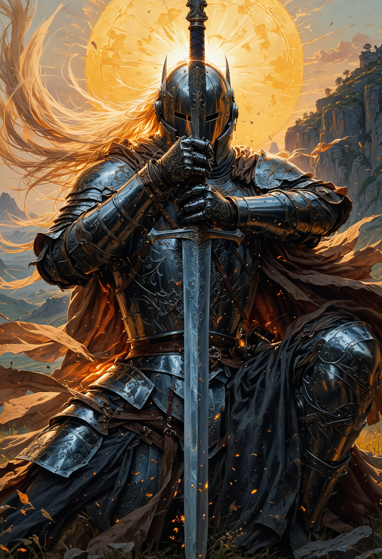 A courageous knight, in the final throes of his life, rests on his sword in a field as the sun sets, his eyes fixed on a distant cliff. His battle-worn armor is blemished and corroded, his once gleaming sword now worn from combat. This breathtaking tableau, likely a painting, captures the melancholy beauty of the scene. The knight's posture exudes valor and resignation, while the fading light and rugged landscape create a poignant backdrop. The artist's skill in portraying the knight's struggle and the fleeting nature of life is evident in every brushstroke.
OverallDetailXL <lora:SDXLFaeTastic2400:0.4> <lora:DetailMaximizer:0.55> detailmaximizer