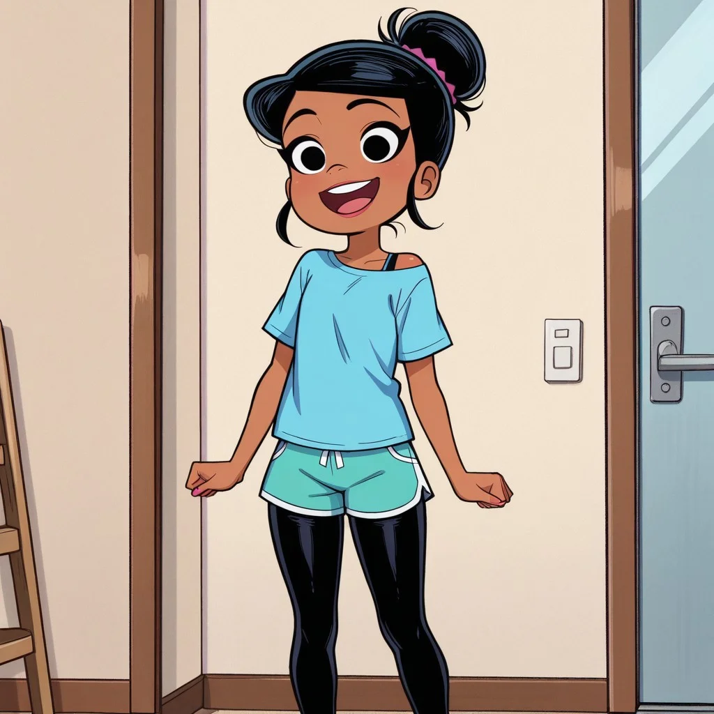 score_9_up, score_8_up, masterpiece,amazing quality,best quality,ultra-detailed,8K,illustration, amazing quality,easynegative, score_7_up casey, casey calderon, 1girl, dark-skinned female, dark skin, black hair, smile, single hair bun, open mouth, hair bun, blue shirt, shorts, pantyhose, shirt, teal shorts,