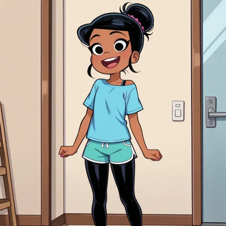 score_9_up, score_8_up, masterpiece,amazing quality,best quality,ultra-detailed,8K,illustration, amazing quality,easynegative, score_7_up casey, casey calderon, 1girl, dark-skinned female, dark skin, black hair, smile, single hair bun, open mouth, hair bun, blue shirt, shorts, pantyhose, shirt, teal shorts,