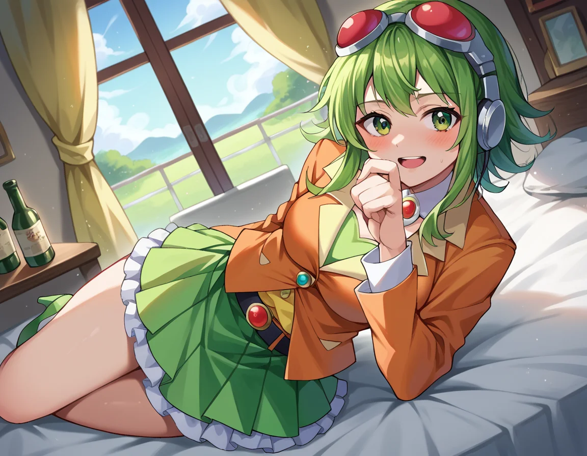 score_9, score_8_up, score_7_up, source_anime,
vocaloidgumi, <lora:vocaloid-gumi-ponyxl-lora-nochekaiser:1>,
gumi, green eyes, green hair, medium hair, sidelocks,
belt, brooch, frilled skirt, frills, goggles, goggles on head, green skirt, green tube top, headphones, high heels, jacket, jewelry, layered skirt, orange jacket, orange skirt, pleated skirt, red goggles, shirt, skirt, strapless, tube top, yellow shirt,
indoors, bed, bed room, on side, blush, drunk,
looking at viewer, dutch angle, cowboy shot,