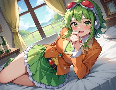 score_9, score_8_up, score_7_up, source_anime,
vocaloidgumi, <lora:vocaloid-gumi-ponyxl-lora-nochekaiser:1>,
gumi, green eyes, green hair, medium hair, sidelocks,
belt, brooch, frilled skirt, frills, goggles, goggles on head, green skirt, green tube top, headphones, high heels, jacket, jewelry, layered skirt, orange jacket, orange skirt, pleated skirt, red goggles, shirt, skirt, strapless, tube top, yellow shirt,
indoors, bed, bed room, on side, blush, drunk,
looking at viewer, dutch angle, cowboy shot,