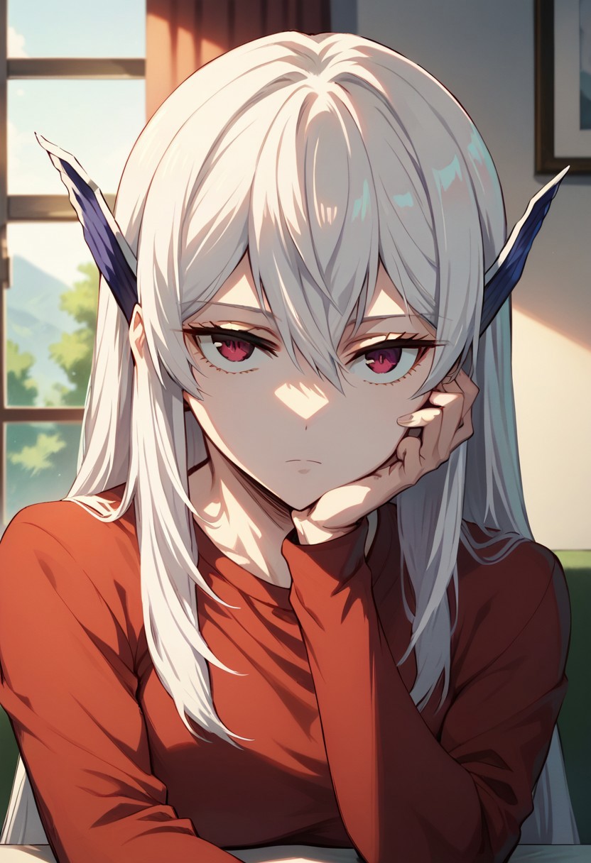 score_9_up, score_8_up, score_7_up, extreamly detailed, beautiful detailed face, complex detailed background, completely clothes, BREAK, 
KYOUKA UZEN (MATO SEIHEI NO SLAVE), KYOUKA UZEN HOME WEAR, 1girl, solo, long hair, looking at viewer, bangs, shirt, red eyes, hair between eyes, sitting, closed mouth, purple eyes, upper body, white hair, indoors, window, expressionless, red shirt, head rest