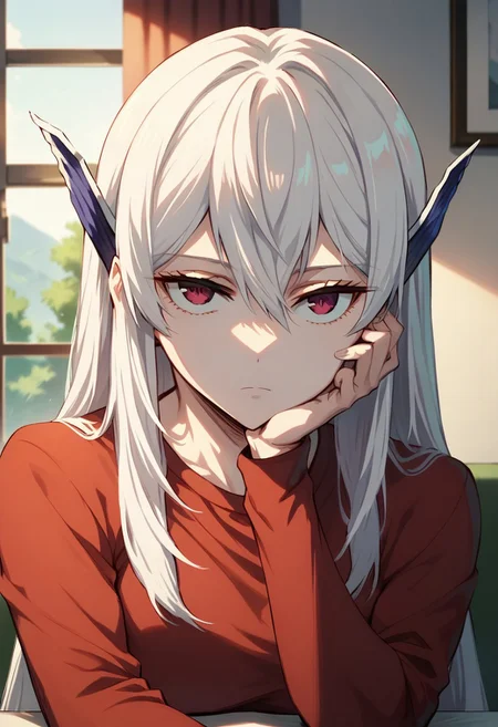 score_9_up, score_8_up, score_7_up, extreamly detailed, beautiful detailed face, complex detailed background, completely clothes, BREAK,
KYOUKA UZEN (MATO SEIHEI NO SLAVE), KYOUKA UZEN HOME WEAR, 1girl, solo, long hair, looking at viewer, bangs, shirt, red eyes, hair between eyes, sitting, closed mouth, purple eyes, upper body, white hair, indoors, window, expressionless, red shirt, head rest