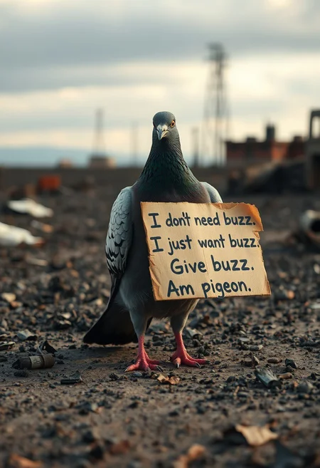 In a scorched and battered apocalyptic wasteland one pigeon stands alone, clutching in its wings a tattered cardboard sign reading 'I don't need buzz I just want buzz. Give buzz. Am pigeon.'