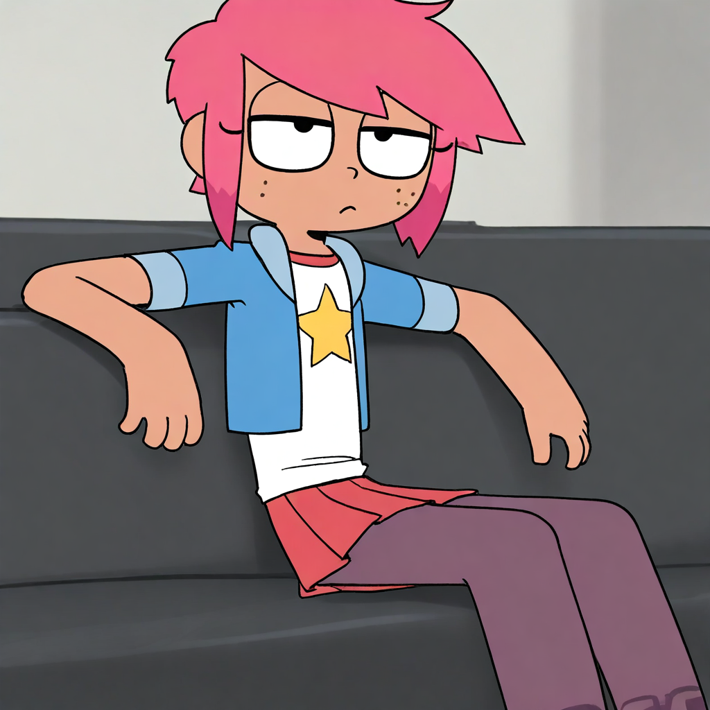 masterpiece, best quality, solo, gi_bo, 1girl, pink hair, short hair, freckles. shirt, star_(symbol), jacket, skirt, pantyhose, sitting, sofa