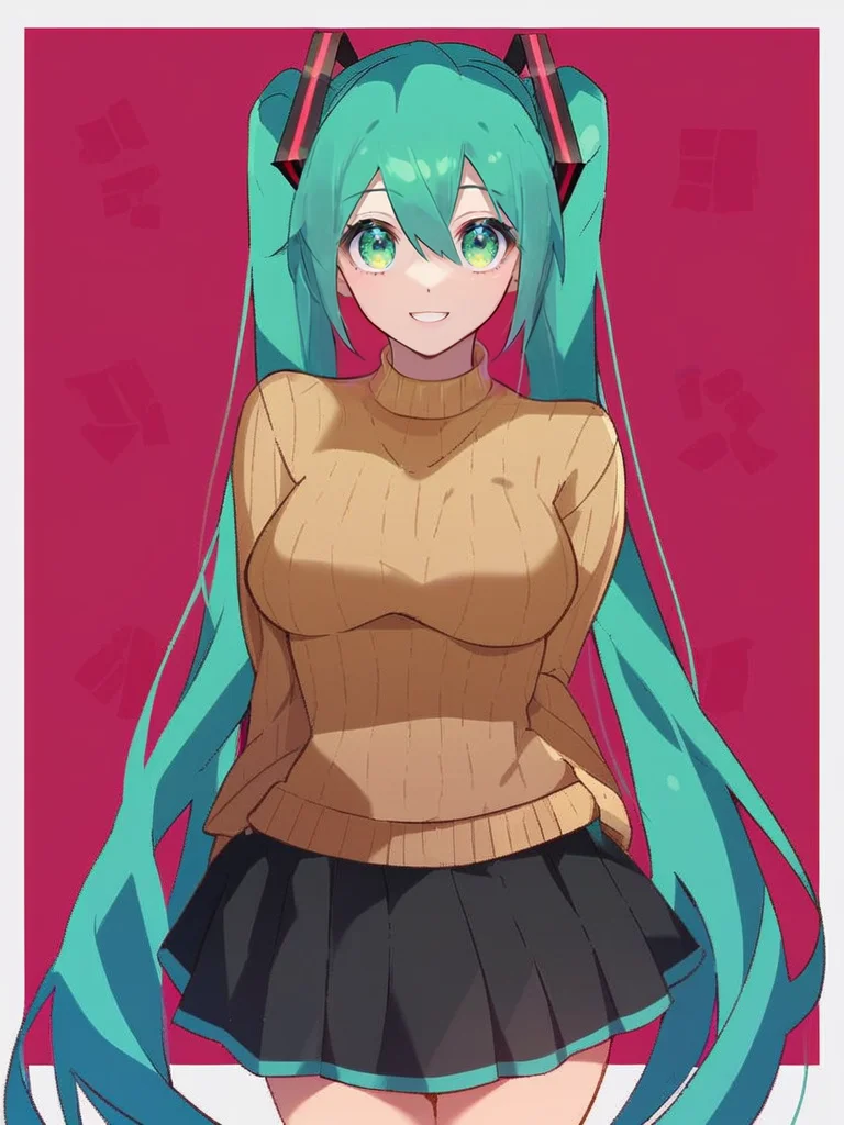 portrait, [:(score_4_up:0.25):0.65], [score_9_up:score_6_up:0.35], [:anime:0.4], portrait, detail face, large eyes, woman standing, ((hatsune miku)),    
medium breasts, sweater, skirt, motherly, [:photorealism:0.5]