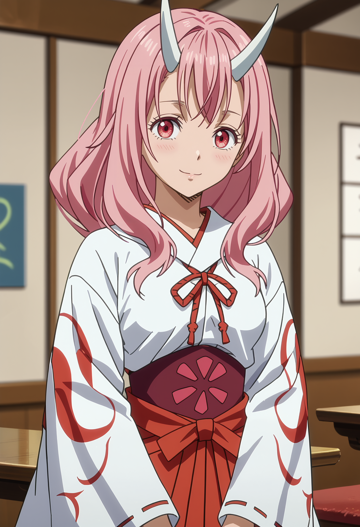 score_7_up, anime screencap,
<lora:TenSura_ShunaXL:0.9>,
1girl, solo, light smile,
long hair, pink hair, pink eyes, white horns,
ShunaDress, white kimono, red ribbon, underbust, red hakama, ribbon-trimmed sleeves,
own hands together, looking at viewer, cowboy shot,
blurry background, indoors