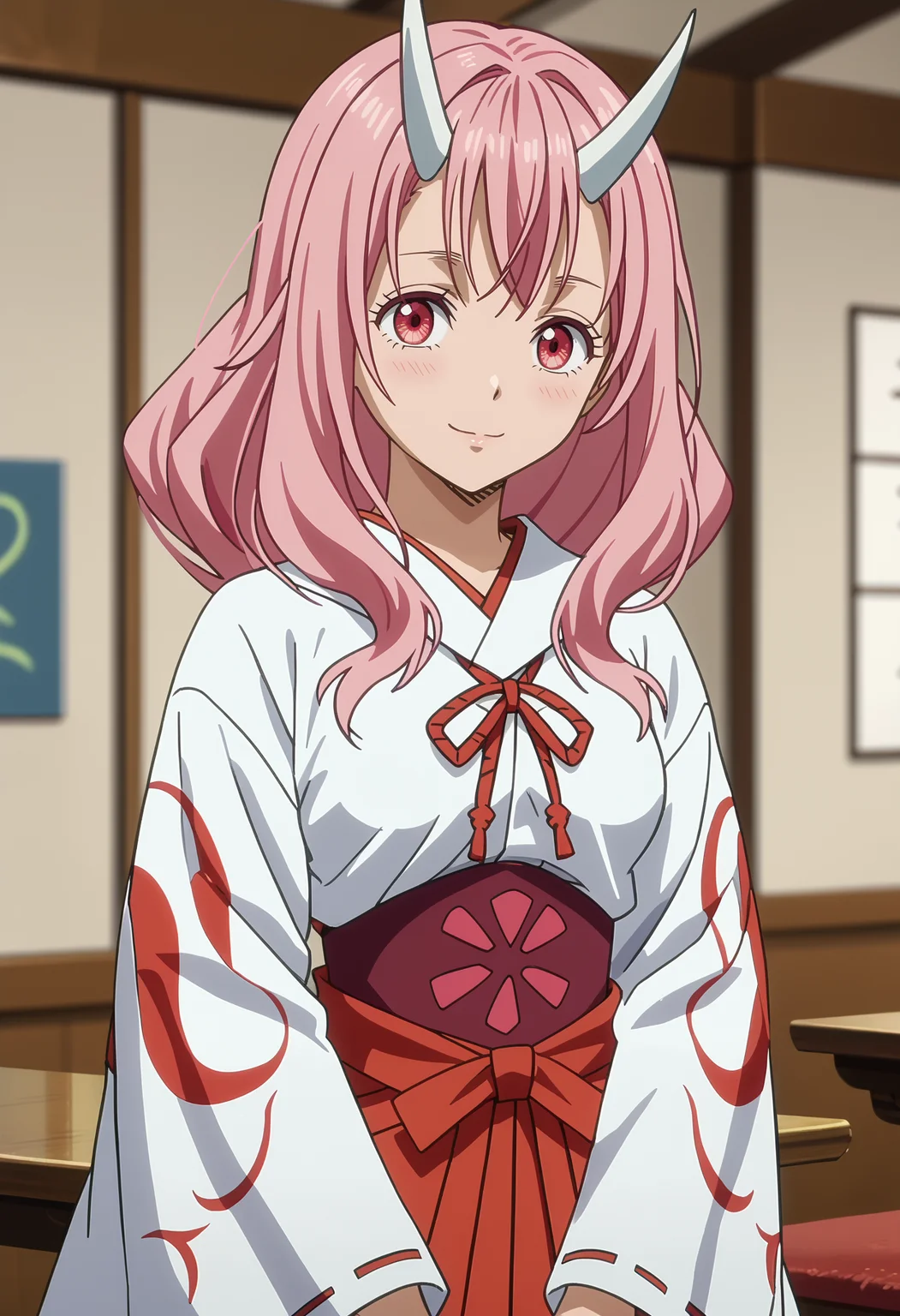 score_7_up, anime screencap,
<lora:TenSura_ShunaXL:0.9>,
1girl, solo, light smile,
long hair, pink hair, pink eyes, white horns,
ShunaDress, white kimono, red ribbon, underbust, red hakama, ribbon-trimmed sleeves,
own hands together, looking at viewer, cowboy shot,
blurry background, indoors