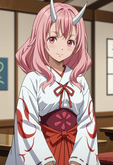 score_7_up, anime screencap,
<lora:TenSura_ShunaXL:0.9>,
1girl, solo, light smile,
long hair, pink hair, pink eyes, white horns,
ShunaDress, white kimono, red ribbon, underbust, red hakama, ribbon-trimmed sleeves,
own hands together, looking at viewer, cowboy shot,
blurry background, indoors