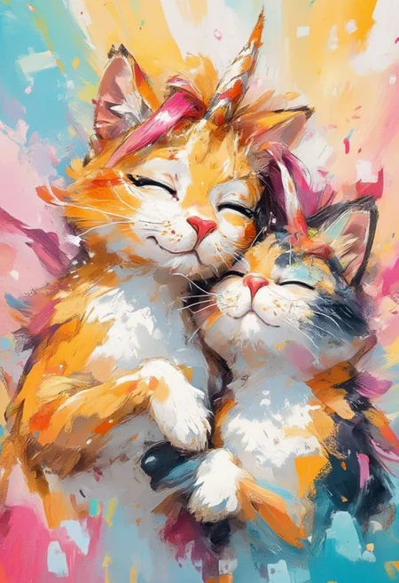 Create a vibrant and heartwarming drawing of unicorn. Unicorn is gently hugging the other with its front paw, expressing a sense of love and tenderness. The unicorn fur is detailed and colorful, showcasing realistic patterns and textures. Use shades like orange, white, and black to highlight their natural beauty. The background features soft pastel tones, adding warmth and depth without overwhelming the central figures.
The composition emphasizes the emotional connection between the cats, with their eyes gently closed or gazing affectionately. Fine lines and smooth gradients bring life and energy to the scene, while the colorful palette creates an inviting, cheerful atmosphere.