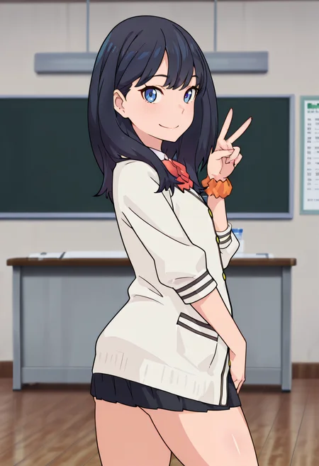 masterpiece, best quality, amazing quality, very aesthetic, absurdres,
1girl, solo,
1girl, rikka takarada,black hair,long hair,blue eyes,
school uniform,white shirt,white cardigan,red bowtie,black skirt,one side wrist scrunchie,
Standing, smile, looking at viewer, from behind,
V, v hands,
Lecture room background,