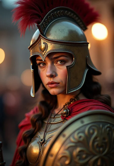 (masterpiece:1.4), (best quality:1.3), (very aesthetic:1.2), (absurdres:1.1), (hyperdetailed:1.05), 8k, ultra-HD, high detail, depth of field, (realistic), highres, newest, detailed_eyes, subject_focus, outdoors, night time,
1girl, ((wearing ancient Rome armor)), detailed background, bronze body armor, bronze helmet with red panache, bokeh, sword and shield, solo focus, dynamic pose, close up,