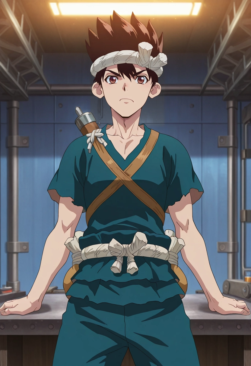 masterpiece, best quality, intricate details, anime screencap, , , , 1boy, solo, male focus, <lora:chrome_dr_stone_ilxl:0.98>, chrome_dr_stone, brown hair, brown eyes, short hair, spiked hair, headband, hachimaki, tech workshop, robot parts, tool benches, testing areas, building pose, focused expression, workshop lighting,