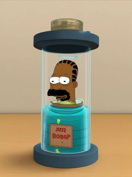 The head of Snoop Dogg in a jar, FuturamaStyle <lora:SDXL-FuturamaStyle-Lora:1>, Very detailed, clean, high quality, sharp image