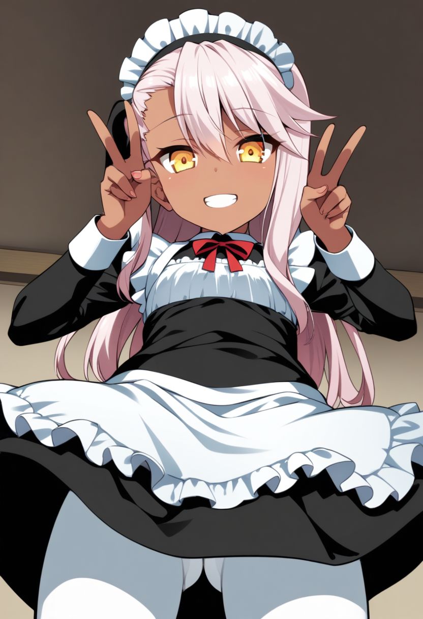 Chloe_Von_Einzbern, 1girl, solo, yellow_eyes, pink_hair, long_hair, hair_between_eyes, side_ponytail, flat_chest, dark-skinned_female, maid, maid_headdress, black_dress, apron, white_pantyhose, thighs, double_v, grin, from_below, pov,