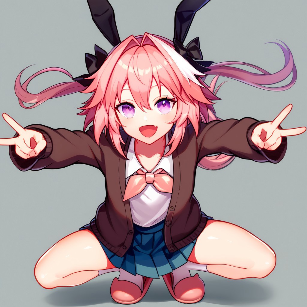 1boy, absurdres, astolfo (fate), black bow, bow, brown cardigan, cardigan, double v, dress, fate (series), full body, hair between eyes, hair bow, highres, male focus, open cardigan, open clothes, open mouth, slippers, smile, solo, squatting, trap, twintails, score_9, best quality, masterpiece, simple background