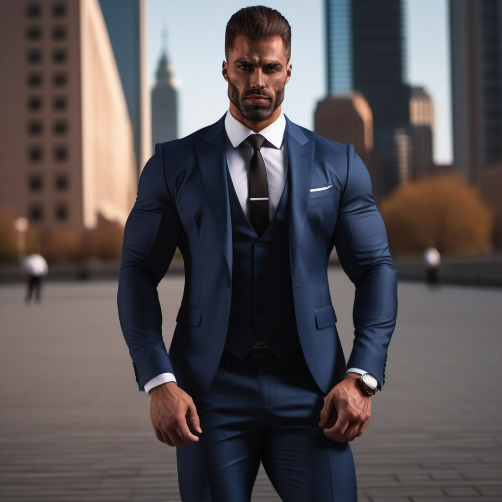 GigaChad1024, a muscular man in a suit, full body, city background, detailed face, detailed eyes ,  highly detailed, photography, ultra sharp, film, bokeh, professional, 4k   <lora:GigaChad1024:0.8>