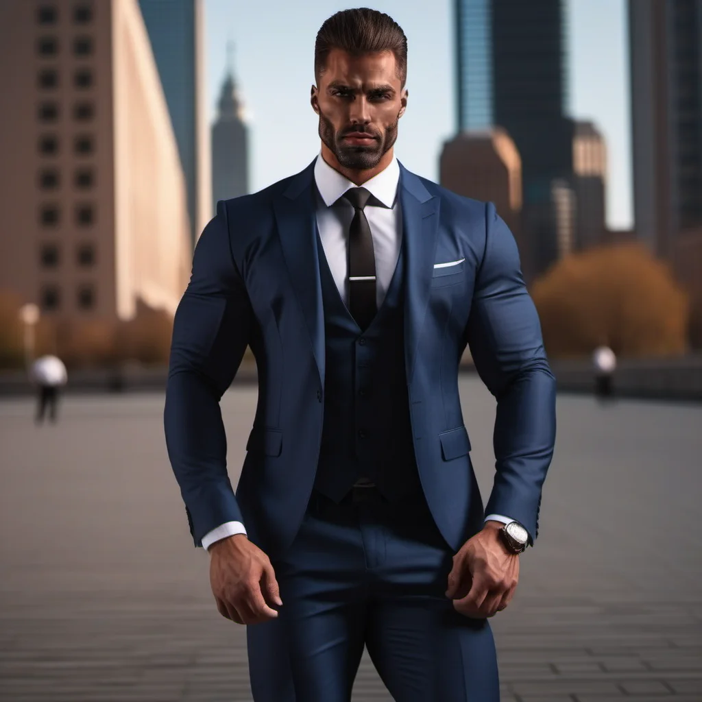 GigaChad1024, a muscular man in a suit, full body, city background, detailed face, detailed eyes ,  highly detailed, photography, ultra sharp, film, bokeh, professional, 4k   <lora:GigaChad1024:0.8>
