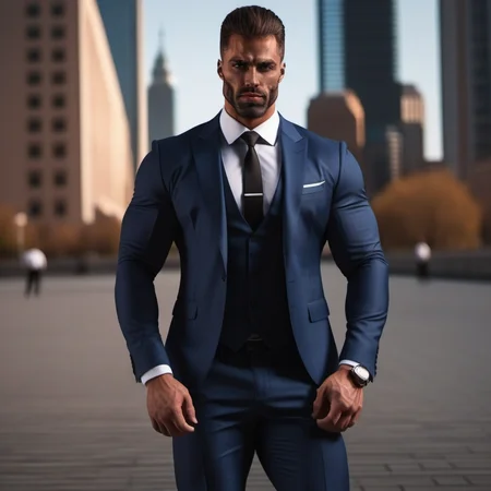 GigaChad1024, a muscular man in a suit, full body, city background, detailed face, detailed eyes ,  highly detailed, photography, ultra sharp, film, bokeh, professional, 4k   <lora:GigaChad1024:0.8>