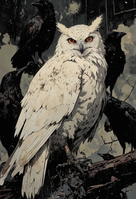 masterpiece, best quality, ultra detailed, 8K UHD, hyperrealistic, highly atmospheric, cinematic quality, dramatic composition), (buffed, stoic, by Studio Ghibli, Holy lighting, Platinum hue, retro artstyle, comic artstyle, highly detailed, rough sketch styled), (WHITE OWL among black crows, perched, ethereal aura, stark contrast, piercing gaze, symbolic presence, mysterious atmosphere, high contrast lighting, soft wind-ruffled feathers, monochrome with subtle platinum highlights, deep shadows, elegant and commanding stance), (ne0nfant4sy, jitostyle, monochrome, ghiblistyle).