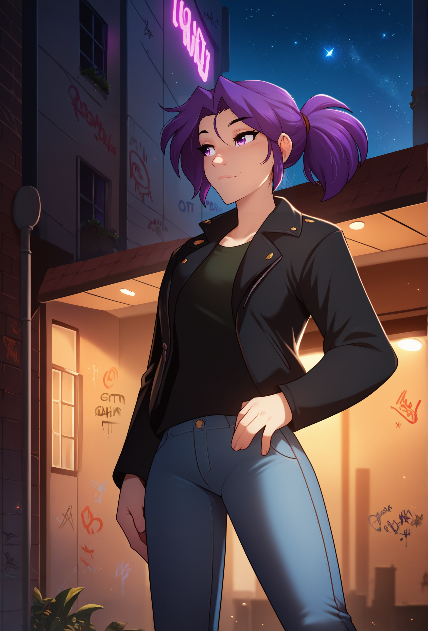 score_9, score_8_up, score_7_up, score_6_up, score_5_up, score_4_up,   <lora:tom_fischbach_style_ponyXL_v1.5:0.75> tomfischbach, 1girl, human, purple hair, ponytail, sidelocks, purple eyes, black jacket, open jacket, jeans, city, night, starry sky, depth of field, graffiti