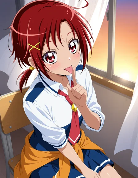 <lora:Hyper8:0.5> 1girl, solo,
hino akane \(smile precure!\), smile precure!, red hair, hairpin, low ponytail, red eyes, nanairogaoka middle school uniform, red necktie, clothes around waist,
hands focus, happy, licking index finger, blush, looking at viewer, looking up, from above, cowboy shot,
sitting on chair, school classroom, sunset, curtain, window, wind, masterpiece, best quality, amazing quality, very aesthetic, absurdres