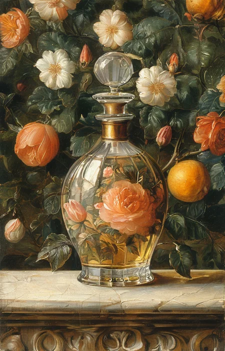 masterpiece,best quality,<lora:tbh195-sdxl:0.9>,illustration,style of Titian, A bottle of perfume in garden
