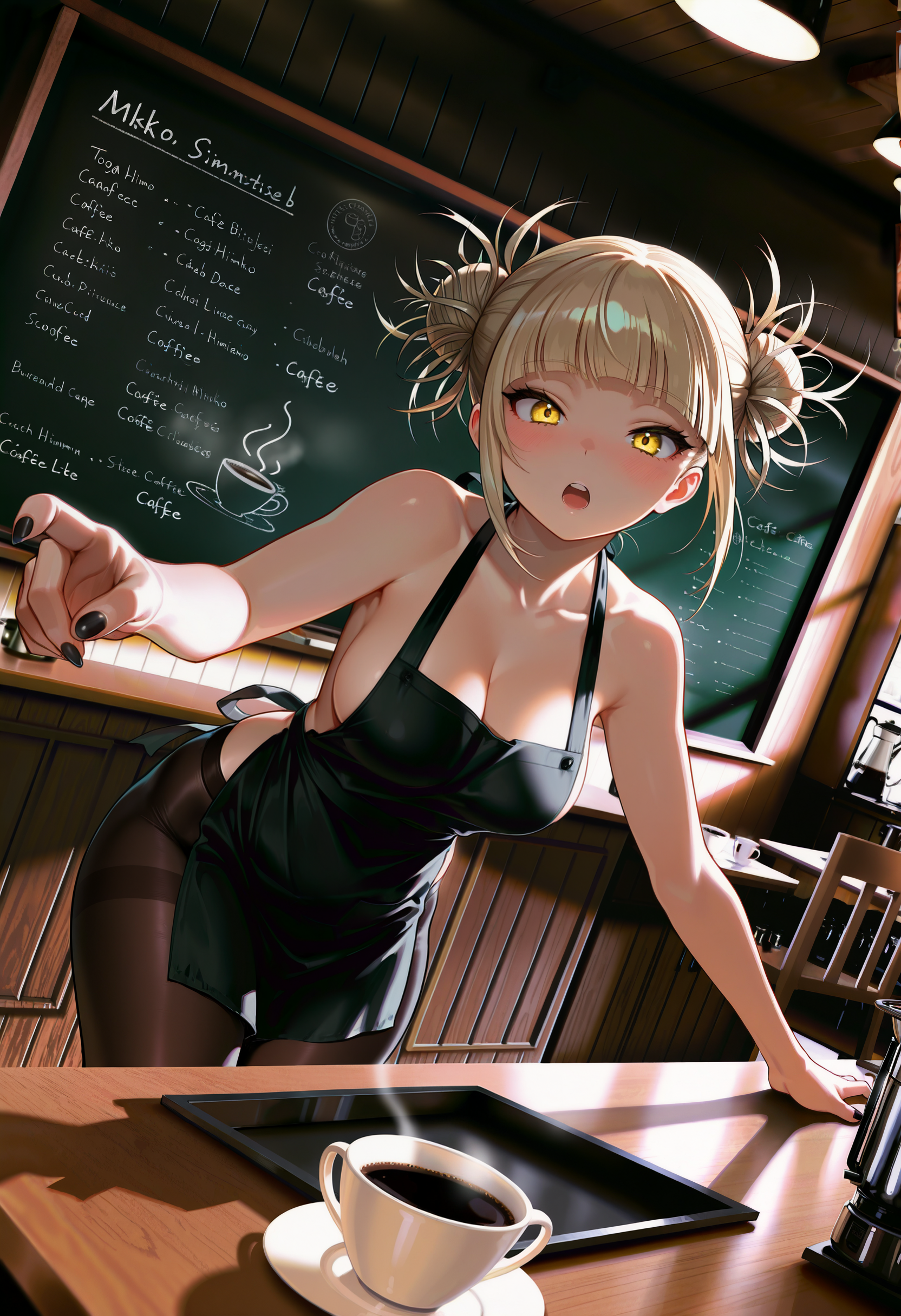 masterpiece, 1girl, toga himiko, curvy figure, looking at viewer, :o, naked apron, pantyhose, black fingernails, cafe, barista, solo, coffee, chalkboard, countertop, wood furniture, dutch angle, perspective, detailed, detailed background, detailed foreground, detailed clothing, detailed hair, detailed eyes, detailed skin, skin folds, volumetric lighting, dramatic lighting, dutch angle, dynamic, cinematic, photo background, dark, bleak ambiance, shadow,