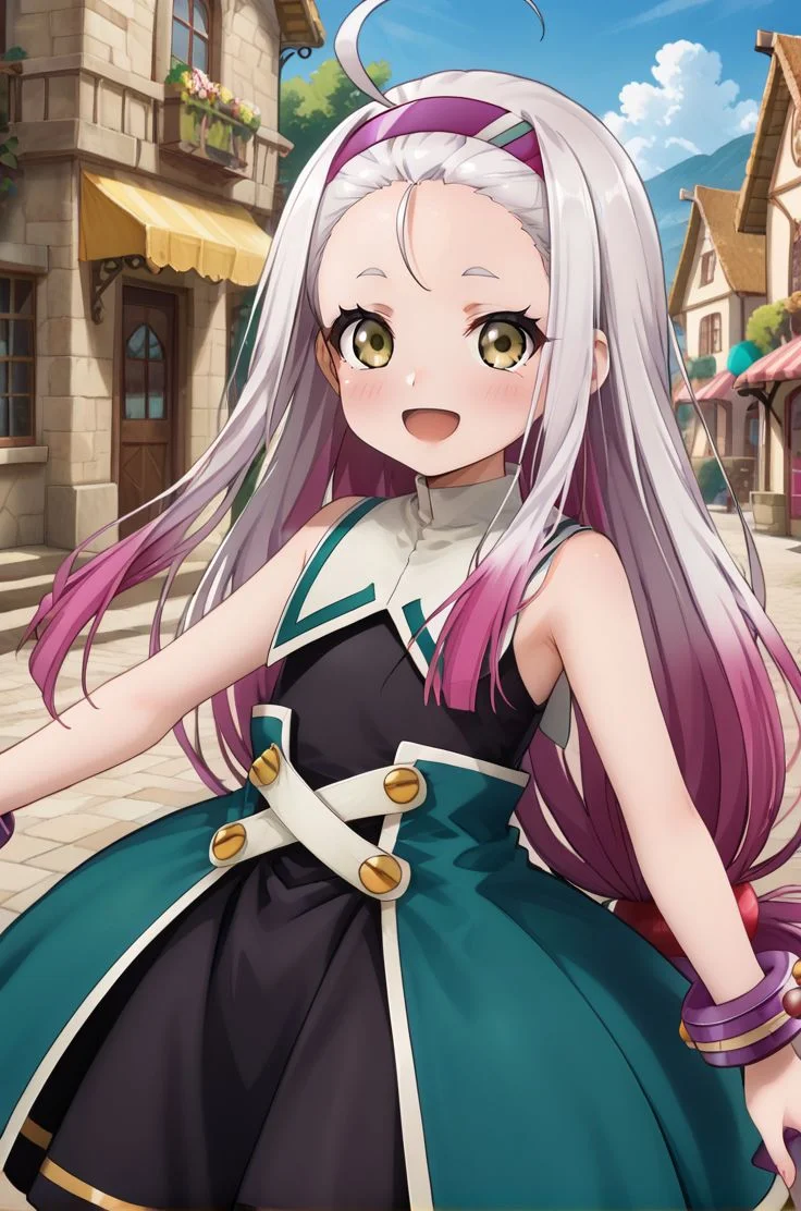 <lora:add-detail-xl:1>source anime, detailed, official art, masterpiece,
<lora:HandFineTuning_XL:1>
BREAK,
village, blurry background,
arms spread, open smile:0.8, cowboy shot, dynamic angle, blush,
BREAK,
<lora:poisson_pdxl_v03:0.8>poisson, multicolored hair, very long hair, small eyebrows, purple highlights, yellow eyes, ahoge, silver hair, hairband, forehead, black dress, bracelet, light smile, green waist cape