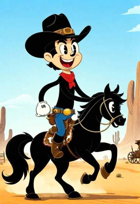 (rubber_hose_character:1.1) <lora:RubberHose_Characters_SDXL_v1:1.3>, cartoon, a mean-looking cowboy in a black hat, riding a black horse, in the desert, in front of an old western town