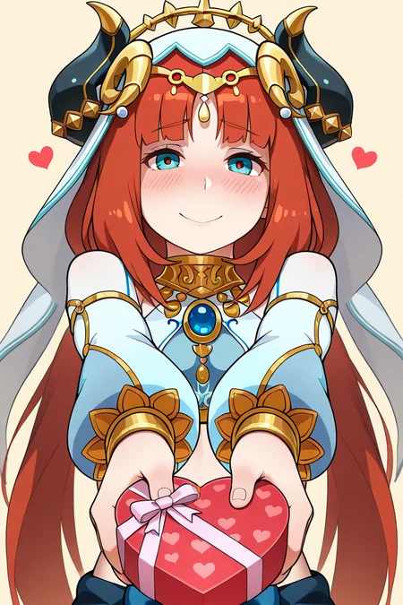 masterpiece, best quality, amazing quality,
1girl, solo, pretty, nilou, looking at viewer, outstretched arms, holdind, heart shape box, blush, shy smile, simple background,
 <lora:Gorobots_IL:1> gorobots,
