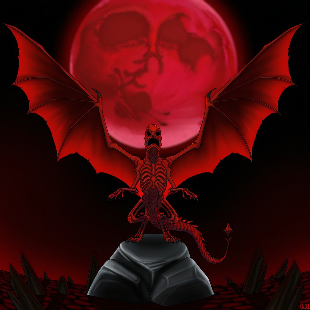 masterpiece, high quality, absurdres, 
CreepyRed, wings, creepyred, full red moon, tail, dragon wings, rock, spread wings, dark, 2arms, 3-clawed hands, red skin, solo, hollow eyes, skeleton, 1boy, ribs,