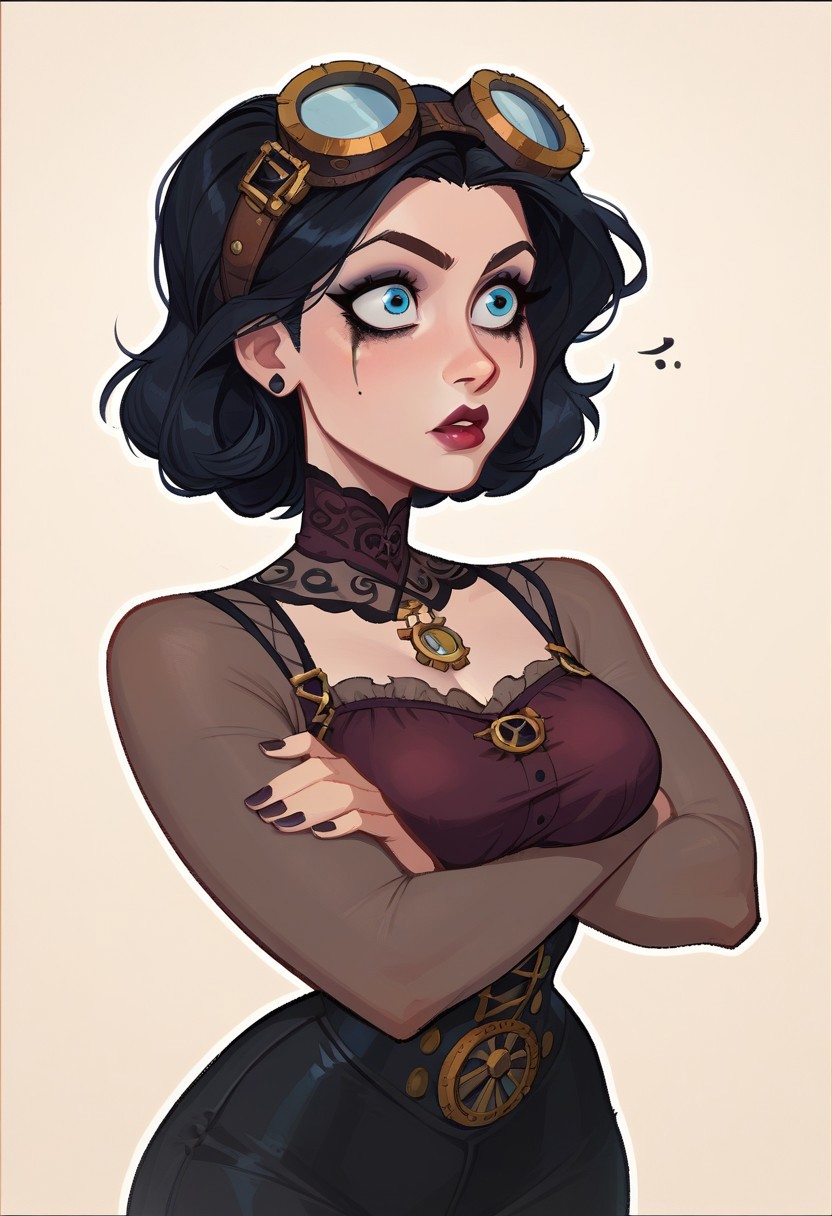 score_9, score_8_up,  score_9, score_8_up,     1woman, <mature face>, black hair,goth makeup, mature body, clean eyes, clean eye lines, looking up,  Steampunk engineer, thinking expression, hand on her chin, crossed arms,  <revealing outfit>, thin waist, narrow shoulders, wide hips , goggles on top of head,  simple shadows, flat coloring, flat shadows, thick lines, white outline,