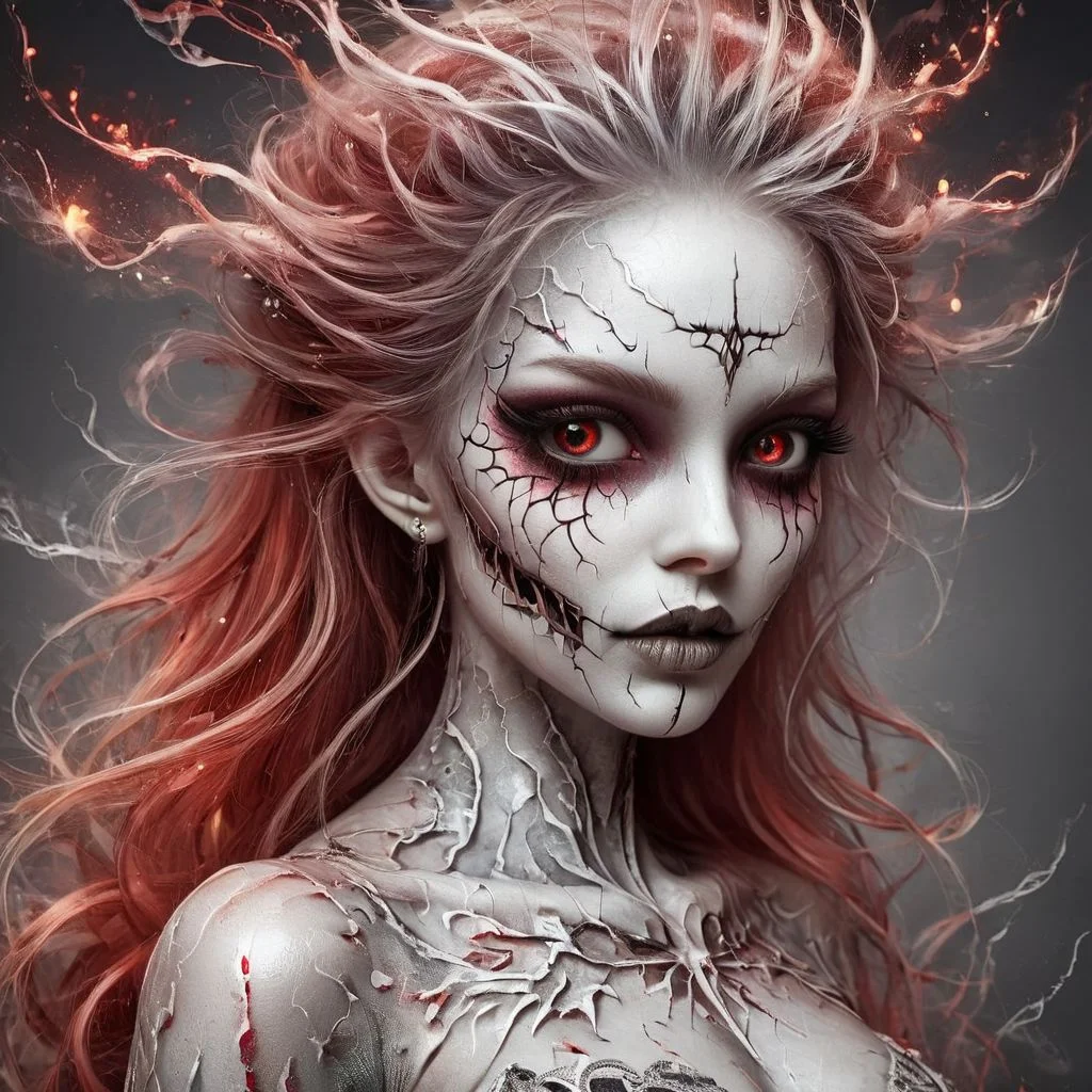 Hyperrealistic, digital art ((full body shot)), ((beautiful curvy demonic cyborg woman), (slcn breasts)), ((sexy clothes)), (white skin, red hair, devilish grin, devil eyes, boots), (((nose ring), (lip ring))), (red organic rot DonMD3m0nXL)), ((standing in a detailed art studio up to no good wicked fun, rainbow splatter, fantastical whimsical horror)), ZIP2D, ziprealism, SK_DIGITALART