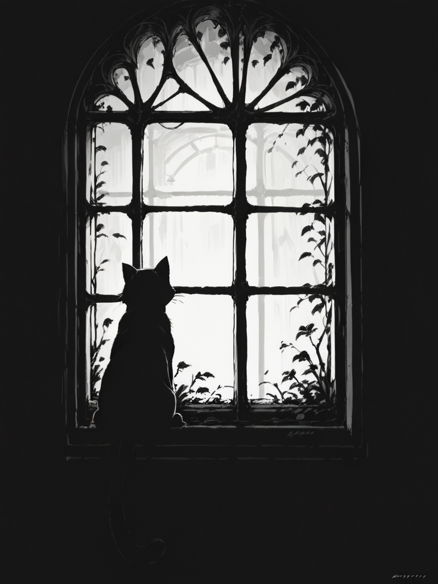 score_9, score_8_up, score_7_up, score_6_up, score_5_up, score_4_up,  <lora:c0ntr4stbwXLP:0.9> c0ntr4st, monochrome, high contrast, window, cat