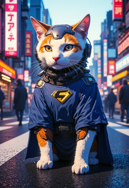A portrait of a white and orange cat wearing a blue super hero outfit with a super hero mask. sitting on a tokyo street.
Cinematic lighting, volumetric lighting, 8k quality