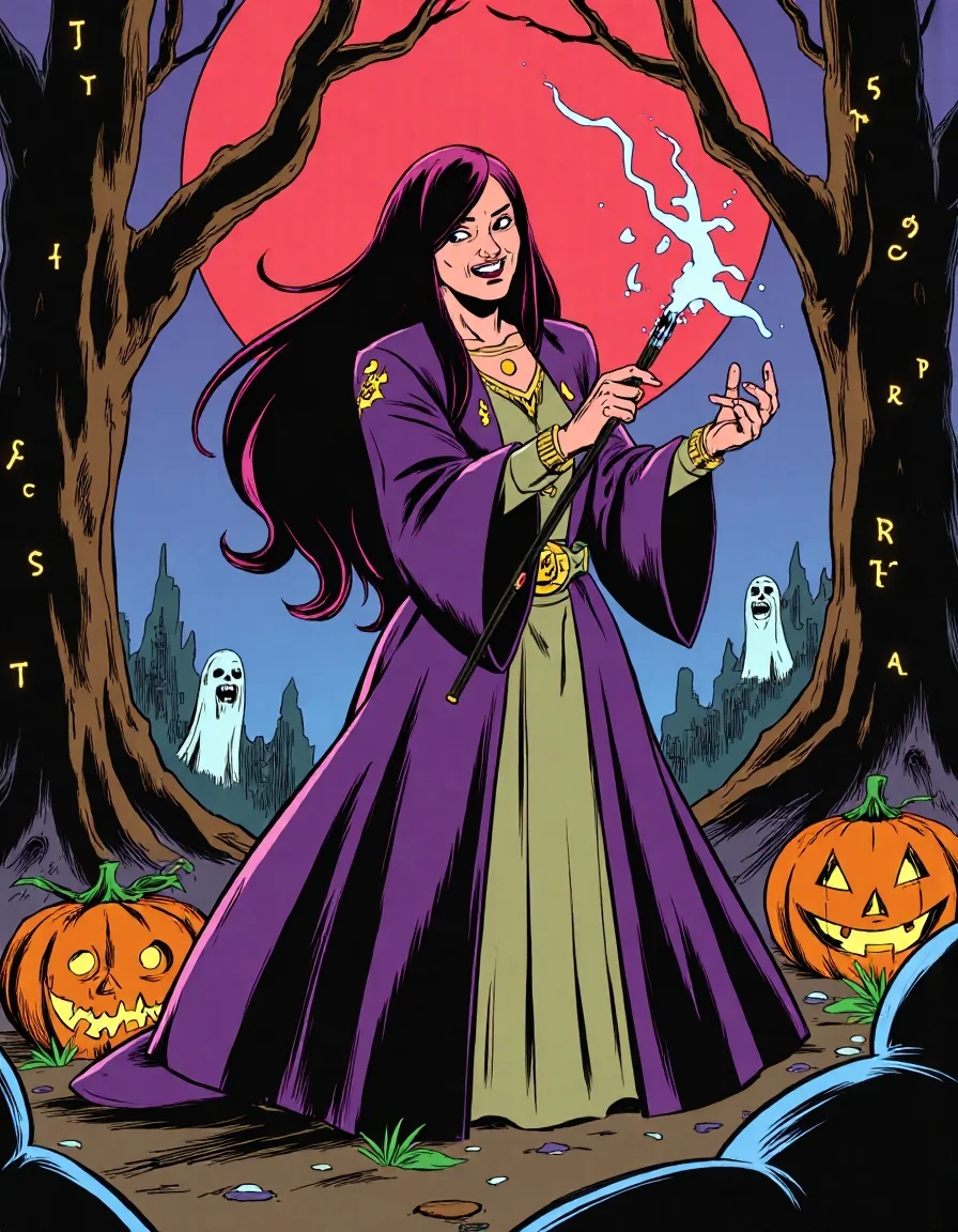Cartoon_Style_Final, This image is a digital drawing in the style reminiscent of classic American comic books from the mid-20th century, but with a Final Fantasy twist. The subject is a powerful sorceress, inspired by Final Fantasy’s magic-wielding characters, standing in a dark, eerie forest. She has long, flowing black and purple hair, with glowing orange eyes and a sinister smile. Dressed in an elaborate, dark purple and gold robe with intricate, mystical symbols, she is casting a spell with her staff, which crackles with ethereal energy. Behind her, glowing Halloween spirits shaped like jack-o’-lanterns and ghostly wraiths swirl through the air. The background features towering, twisted trees with glowing runes carved into them, under a blood-red moon. The drawing emphasizes bold outlines, vibrant, flat colors, and dramatic poses typical of comic art, blending the magical and eerie atmosphere of Final Fantasy with the spooky essence of Halloween.