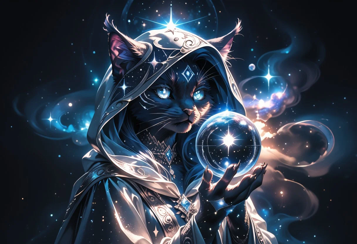 high quality, score_9, score_8_up, source_7_up, very aesthetic, high resolution, newest, depth of field, volumetric lighting, (masterpiece, best quality, ultra-detailed, High detailed), beautiful face,  absurdres, masterpiece, best quality, amazing quality, masterpiece,best quality,amazing quality, 8k, 
BREAK 
((1 cat)), black fur, silver eyes, 
druid robe, flowing robes, glowing runes around,
floating, orb, crystal ball, hood up, paws holding orb,
galaxy inside orb, levitating, stardust,
surreal, detailed, rich_color_palette, light_and_dark, arcane, atmospheric, dreamlike, otherworldly, fantastical, galaxy,
dark background, night sky,
