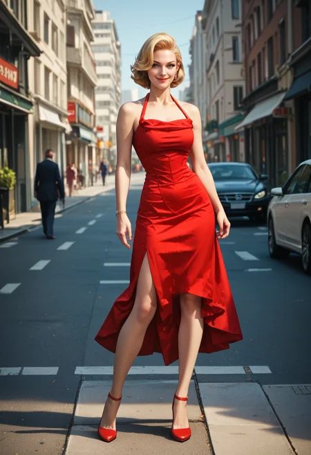 score_9, score_8_up, score_7_up, score_6_up, <lora:WITRD-45-PDXL:0.9>dr3ss, beautiful woman, ((blonde sleek medium blonde hair)), smile, 1940s hair, fashion, full body, city street, wearing red dress, collarbone, halter neck, sleeveless