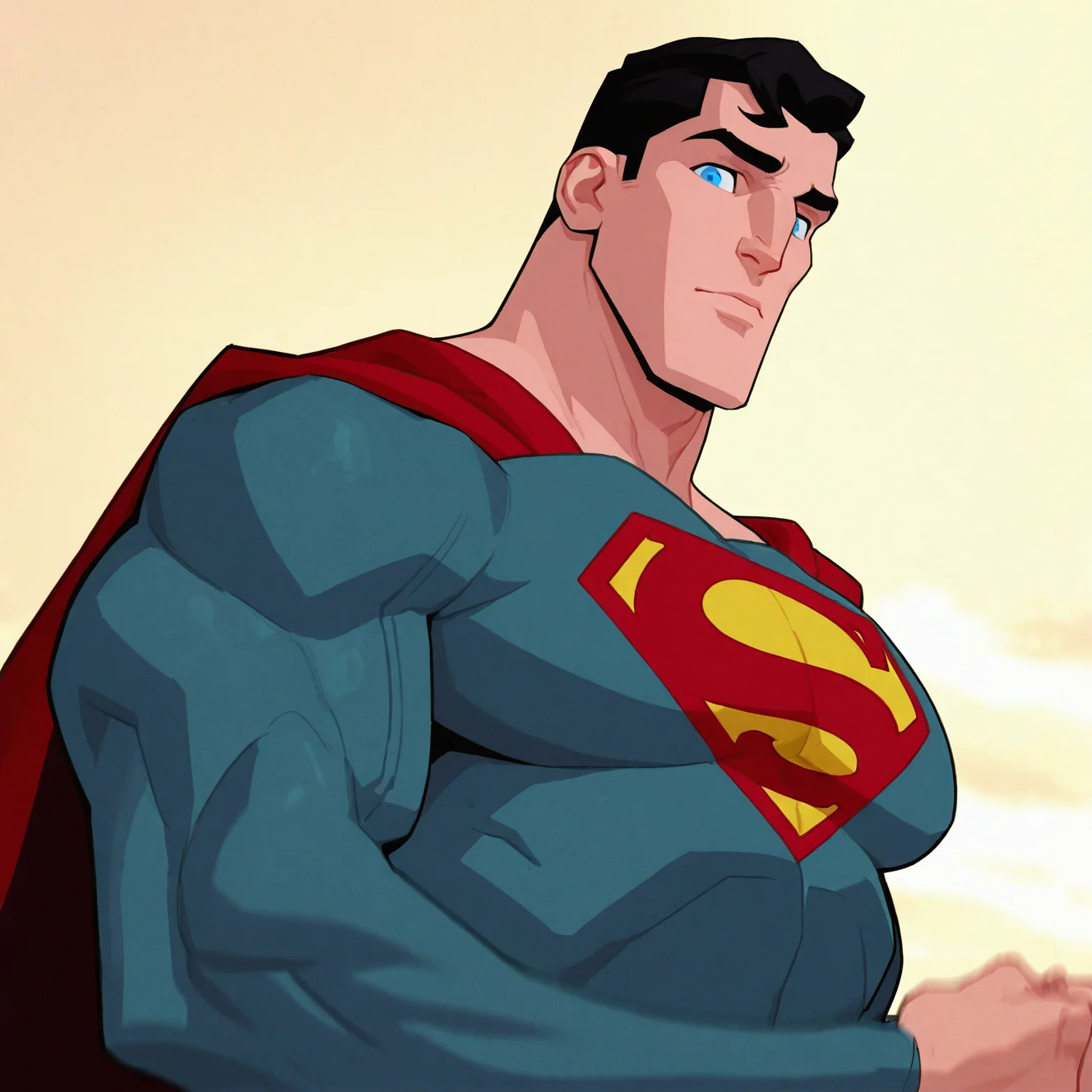 <lora:SUPERMAN_UNBOUND:1>superman_unbound, solo, short hair, blue eyes, black hair, 1boy, upper body, male focus,suggestive expression, clossed mouth, sugestive smile, sky, flexing 1 arm, cloud, cape, muscular, bodysuit, thick eyebrows, looking at viewer, muscular male, pectorals, cloudy sky, (from below:0.5), from side, large pectorals, sideburns, red cape, manly, superhero, green bodysuit, yellow sky, pectoral focus, outdoors, blue bodysuit, grey bodysuit, detailed background, motion blur, film grain, abstract, natural lighting, fantasy, cinematic, dynamic view, tilted angle, very awa, masterpiece, best quality, absurdres, newest, perfect quality, detailed background, intricate details,  (artist:fl \(l-fl\):0.7), (artist:tooboshoo:0.7), (artist:dizdoodz:0.8)