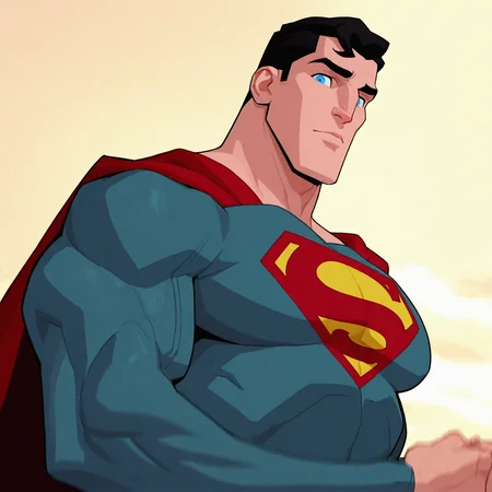 <lora:SUPERMAN_UNBOUND:1>superman_unbound, solo, short hair, blue eyes, black hair, 1boy, upper body, male focus,suggestive expression, clossed mouth, sugestive smile, sky, flexing 1 arm, cloud, cape, muscular, bodysuit, thick eyebrows, looking at viewer, muscular male, pectorals, cloudy sky, (from below:0.5), from side, large pectorals, sideburns, red cape, manly, superhero, green bodysuit, yellow sky, pectoral focus, outdoors, blue bodysuit, grey bodysuit, detailed background, motion blur, film grain, abstract, natural lighting, fantasy, cinematic, dynamic view, tilted angle, very awa, masterpiece, best quality, absurdres, newest, perfect quality, detailed background, intricate details, (artist:fl \(l-fl\):0.7), (artist:tooboshoo:0.7), (artist:dizdoodz:0.8)