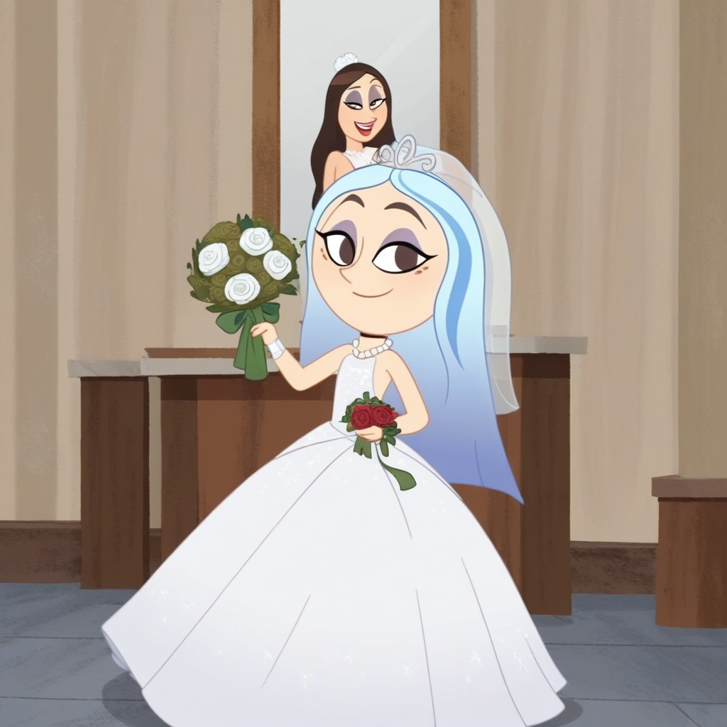 Andrea Davenport, 1girl, long blue hair, brown eyes, streaked hair, eyeshadow, Very long large straight tulle white princess ball gown hoop skirt, ball gown hoop skirt, white princess dress, pearl necklace, hoopdress, my big princess gypsy wedding dress, ballgown, a girl in a dress posing like a princess for a picture, wearing a sleeveless ballgown, looking at viewer, closed mouth, smiling like a princess, posing like a princess, holding a bouquet of roses with both hands, long bridal veil