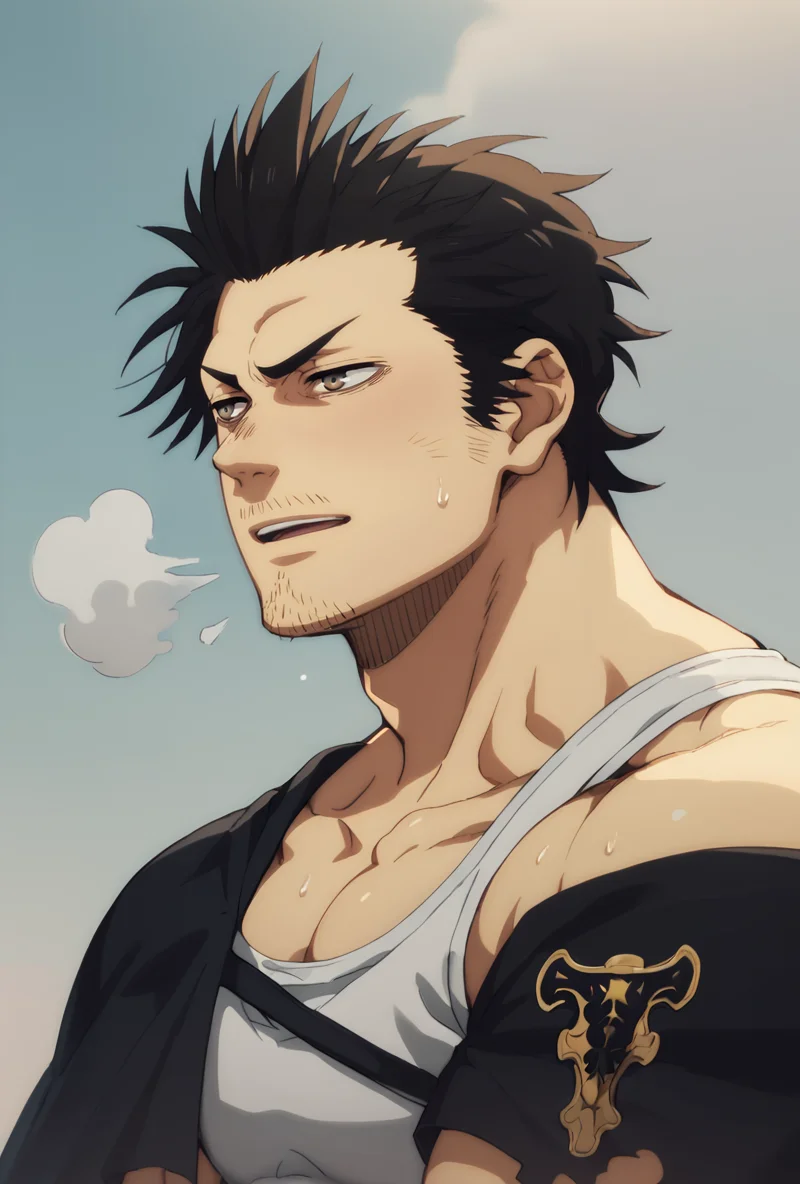 yami sukehiro,score_9, score_8_up, score_7_up, score_6_up, ,male focus, 1boy, stubble, facial hair, black hair, brown eyes, muscular, heavy breath. sweat,bara, white tank top, pectorals, black capelet, blue sky background,, <lora:Bara-Variety:1> <lora:Expressive_H:1>,<lora:ShinFather_-Yami_Sukehiro:0.85>